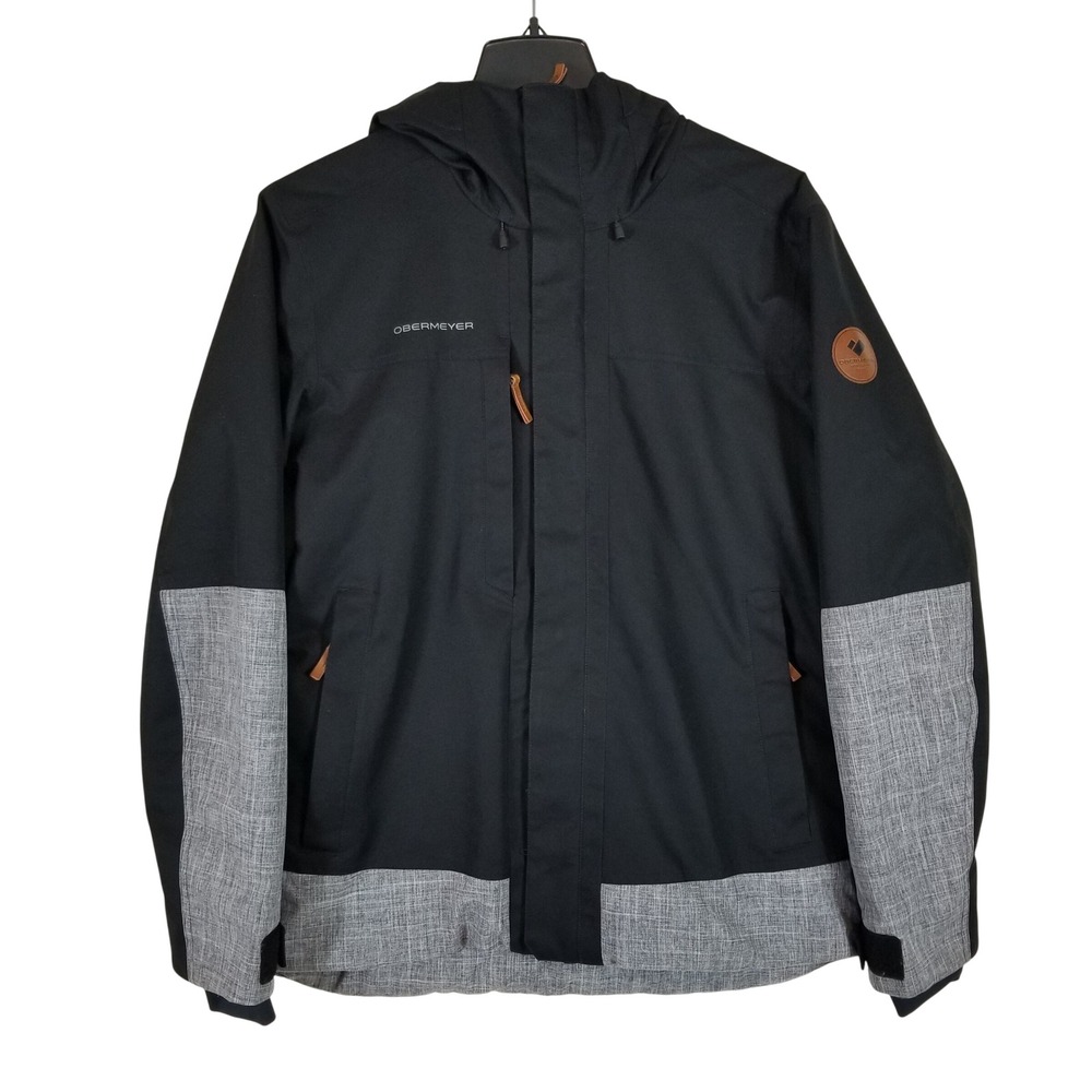 Obermeyer Ski Jacket Mens Medium Black Gray Alpine Series Waterproof Hooded